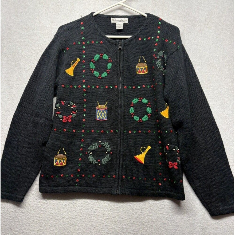 Vintage Cottagecore Ugly Christmas Sweater Cardigan Womens L Black Zip Ramie